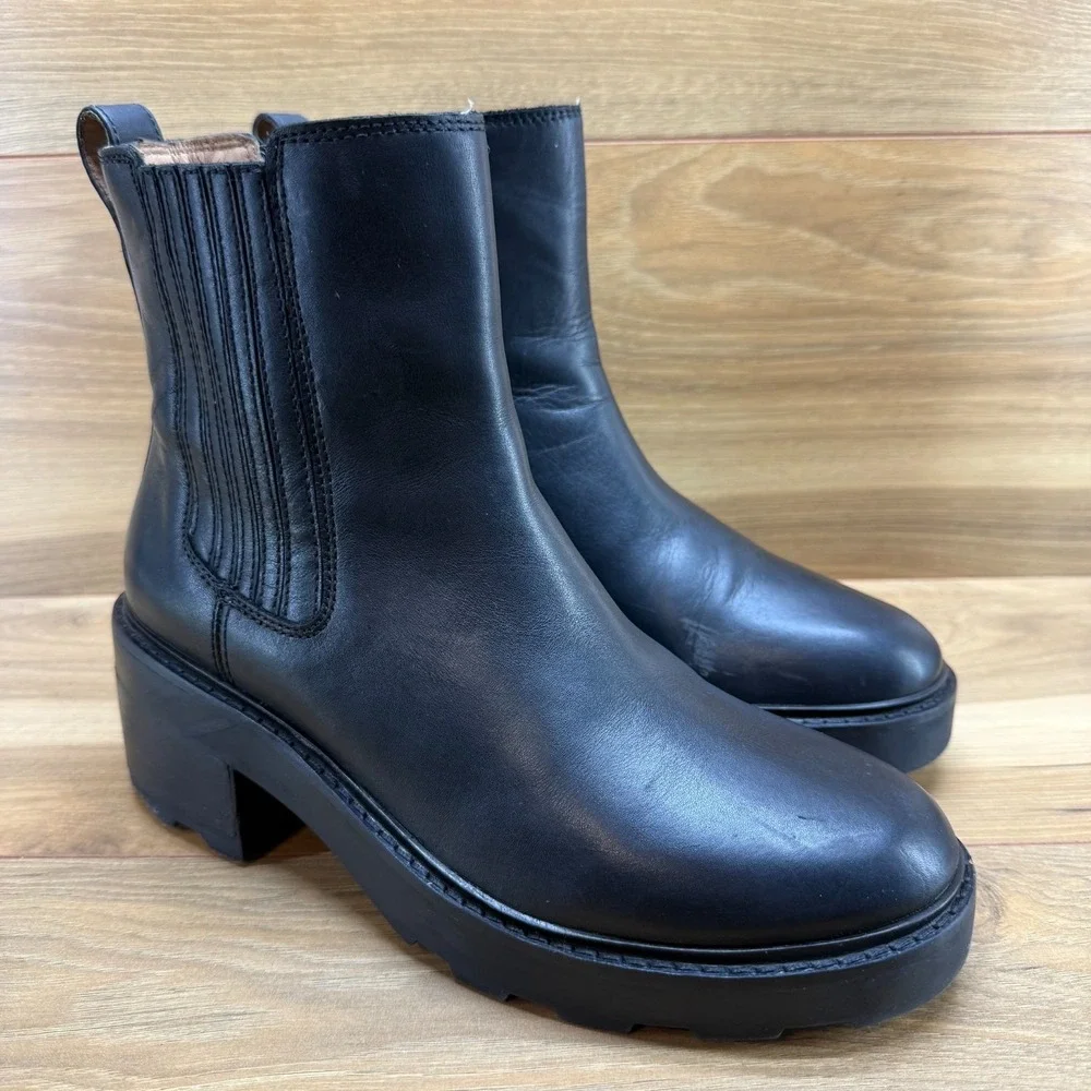Madewell Gwenda Platform Chelsea Boots Womens 9 Black Leather Chunky Lug Sole